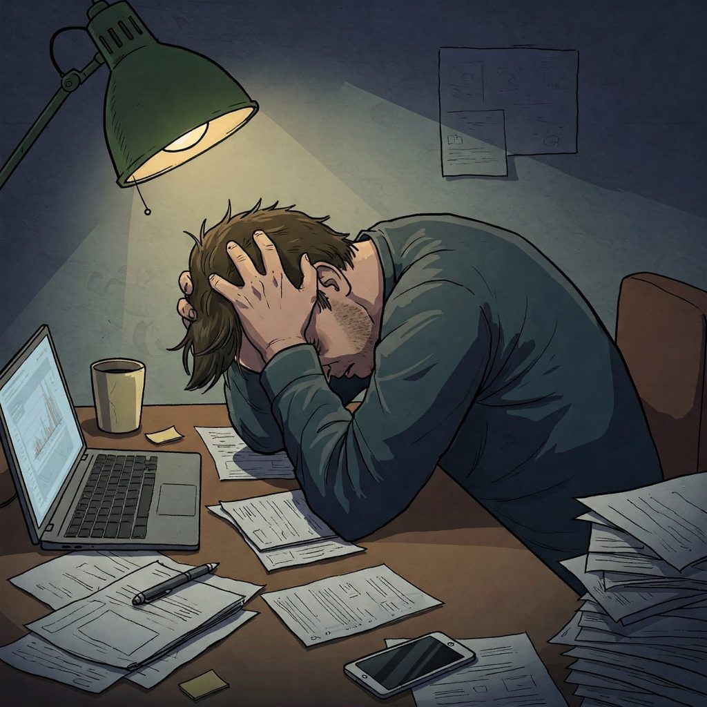 A man dealing with a lot of paperwork and deadlines. He is hunched over at his desk with his head in his hands.  There are scattered papers, laptop, and phone on the desk.
The room is dimly lit with a mood of late-night work or struggling to meet deadlines.