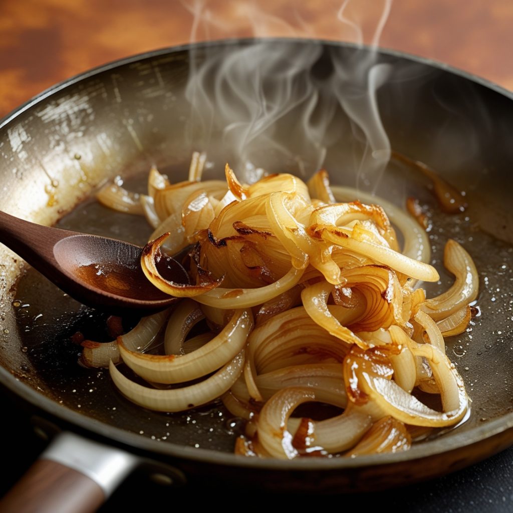 AI generated image is a high-resolution, close-up photograph of a frying pan containing caramelized onions. The pan is metallic with a slightly worn, non-stick surface, and it occupies the majority of the frame. The onions are sliced into rings, displaying a rich golden-brown color indicative of caramelization. They are glistening with oil, and steam rises visibly from the pan, suggesting they are freshly cooked. A wooden spatula is positioned on the left side, partially under the onions, indicating stirring or serving. The background is softly blurred, focusing attention on the pan and its contents. The lighting is warm, enhancing the rich tones of the onions and creating a cozy, appetizing atmosphere.