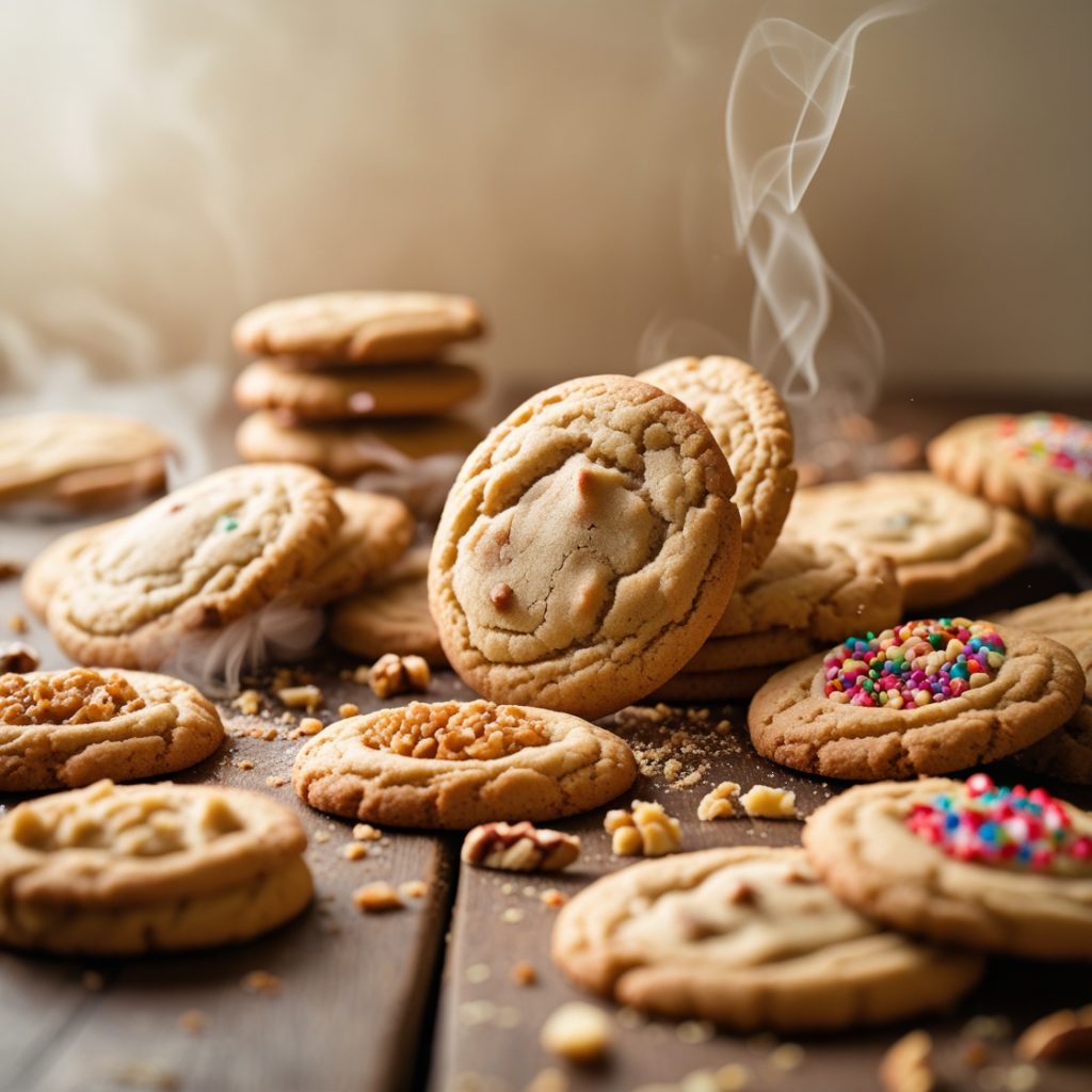 AI generated High-resolution, close-up image of a variety of freshly baked cookies arranged on a rustic wooden surface. The cookies are of different types, some topped with colorful sprinkles, others with chopped nuts, and a few plain. The cookies are golden brown, indicating they are perfectly baked. In the background, a stack of cookies is slightly out of focus, adding depth to the composition. Wisps of steam rise from the cookies, suggesting they are warm and freshly baked. The lighting is soft and warm, enhancing the inviting and cozy atmosphere of the scene. Crumbs and small pieces of nuts are scattered around, adding to the natural and homemade feel of the image. The overall layout is casual and organic, with cookies overlapping and placed at various angles, creating a dynamic and appetizing visual presentation.