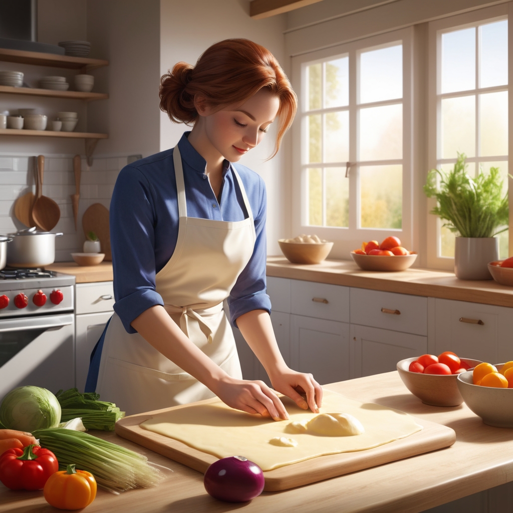 AI created image is a realistic digital illustration depicting a kitchen scene with a focus on a woman preparing food. The layout is well-organized, featuring a bright, sunlit kitchen with large windows in the background. The woman, with fair skin and auburn hair tied in a loose bun, is wearing a blue shirt and a beige apron. She is concentrating on rolling out dough on a wooden countertop. Surrounding her are various fresh vegetables, including tomatoes, bell peppers, and an eggplant, adding vibrant colors to the scene. The kitchen is modern, with white cabinetry and shelves displaying neatly arranged bowls and utensils. The overall atmosphere is warm and inviting, suggesting a peaceful cooking environment.