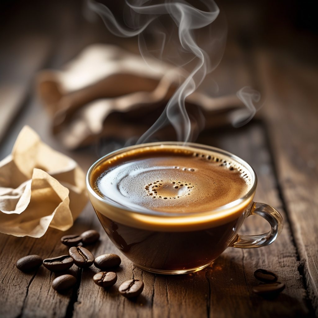 AI generated Image is a high-resolution, close-up photograph featuring a steaming cup of coffee on a rustic wooden table. The coffee is in a transparent glass cup with a handle, showcasing a rich, dark brown color and a light crema on top. Wisps of steam rise elegantly from the surface, indicating the coffee's warmth. Scattered around the cup are several roasted coffee beans, adding texture and depth to the composition. In the background, there are crumpled pieces of brown paper, slightly out of focus, enhancing the rustic and cozy atmosphere. The lighting is soft and warm, highlighting the glossy surface of the coffee and the natural grain of the wooden table, creating an inviting and comforting scene.