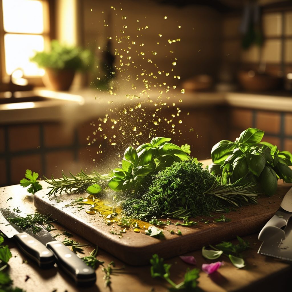 AI Generated Image is a high-resolution, richly detailed photograph depicting a rustic kitchen scene. The layout features a wooden cutting board centrally placed on a stone countertop, surrounded by an assortment of fresh herbs including basil and rosemary. The herbs are vibrant green, contrasting with the warm, earthy tones of the kitchen. A sprinkle of herbs is captured mid-air, adding a dynamic element to the composition. In the background, soft, natural light filters through a window, illuminating ceramic jars and a patterned backsplash. A sharp kitchen knife with a black handle rests on the counter, alongside scattered herb leaves and a small pool of olive oil, creating a sense of culinary preparation. The overall atmosphere is warm and inviting, evoking a sense of homely comfort and freshness.